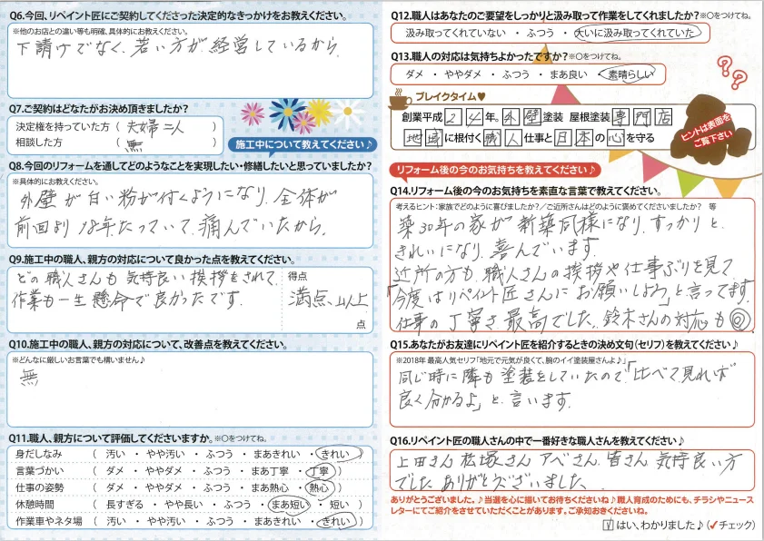 お客様アンケート 津市長岡町O様、アンケート