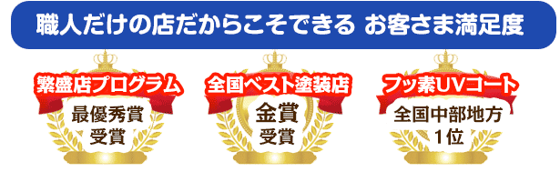 職人だけの店だからこそできる お客さま満足度「繁盛店プログラム最優秀賞」「全国ベスト塗装店金賞」「フッ素UVコート 全国・中部地方1位」